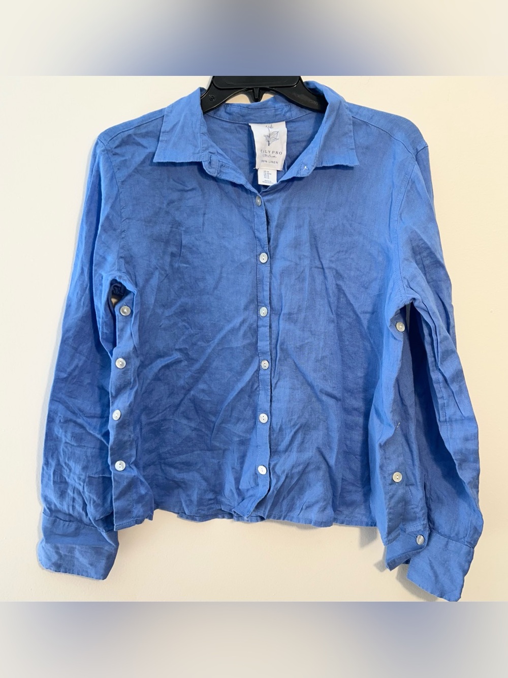 Calypso St Barth Top 100% Linen Size Medium Blue Button Up Long Sleeve